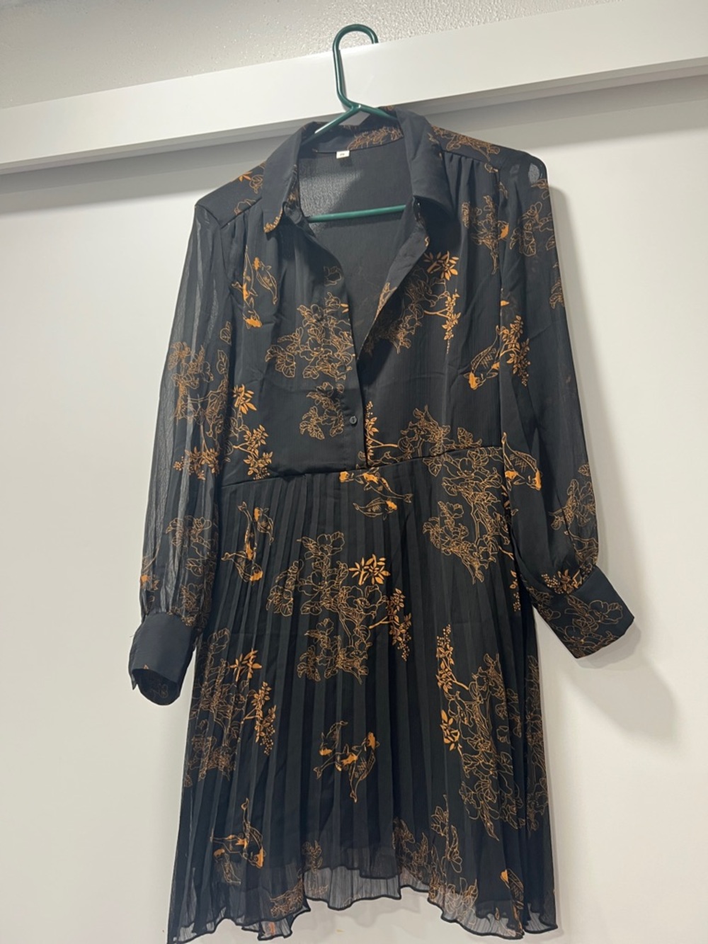 SHEIN Black Long Sleeve Pleated Dress with Gold Floral Motif
